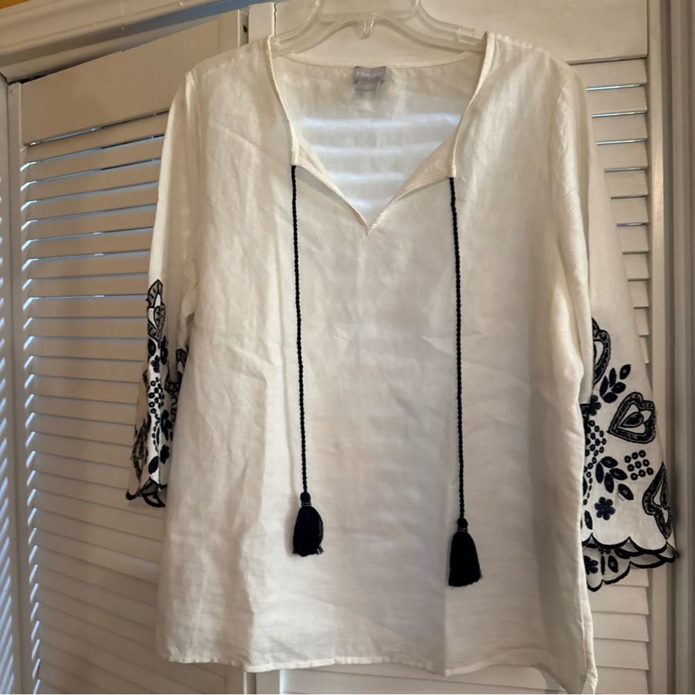 Chico's White Blouse with Blue Embroidery